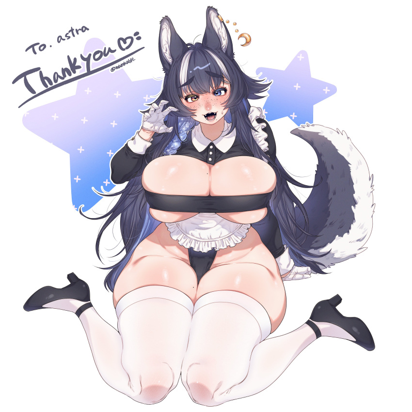 1girl absurdres animal_ear_fluff animal_ears blush breasts character_request cleavage commission copyright_request full_body gloves grey_wolf_(kemono_friends) hair_between_eyes highres huge_breasts kemono_friends long_hair looking_at_viewer muroku_(aimichiyo0526) open_mouth skeb_commission solo thick_thighs thighs white_background