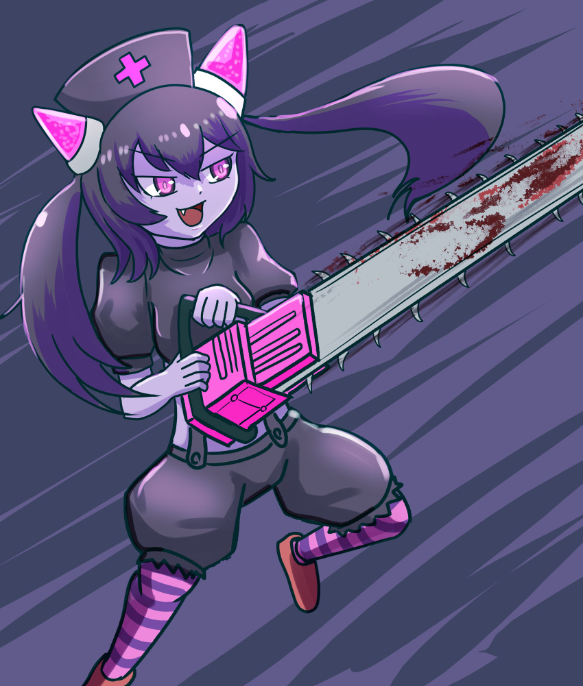 1girl absurdres black_hair black_shirt black_shorts blood blood_on_weapon chainsaw chrome_(mon-musu_quest!) colored_skin commentary commentary_request crop_top cross fang foot_out_of_frame foxmofumofu hair_between_eyes half-closed_eyes hat highres holding holding_chainsaw horns long_hair midriff mon-musu_quest! mon-musu_quest:_paradox nurse_cap open_mouth partial_commentary pink_eyes pink_horns pink_thighhighs puffy_short_sleeves puffy_sleeves purple_skin purple_thighhighs red_footwear shirt shoes short_sleeves shorts simple_background smile solo striped striped_thighhighs suspenders thighhighs twintails v-shaped_eyebrows weapon