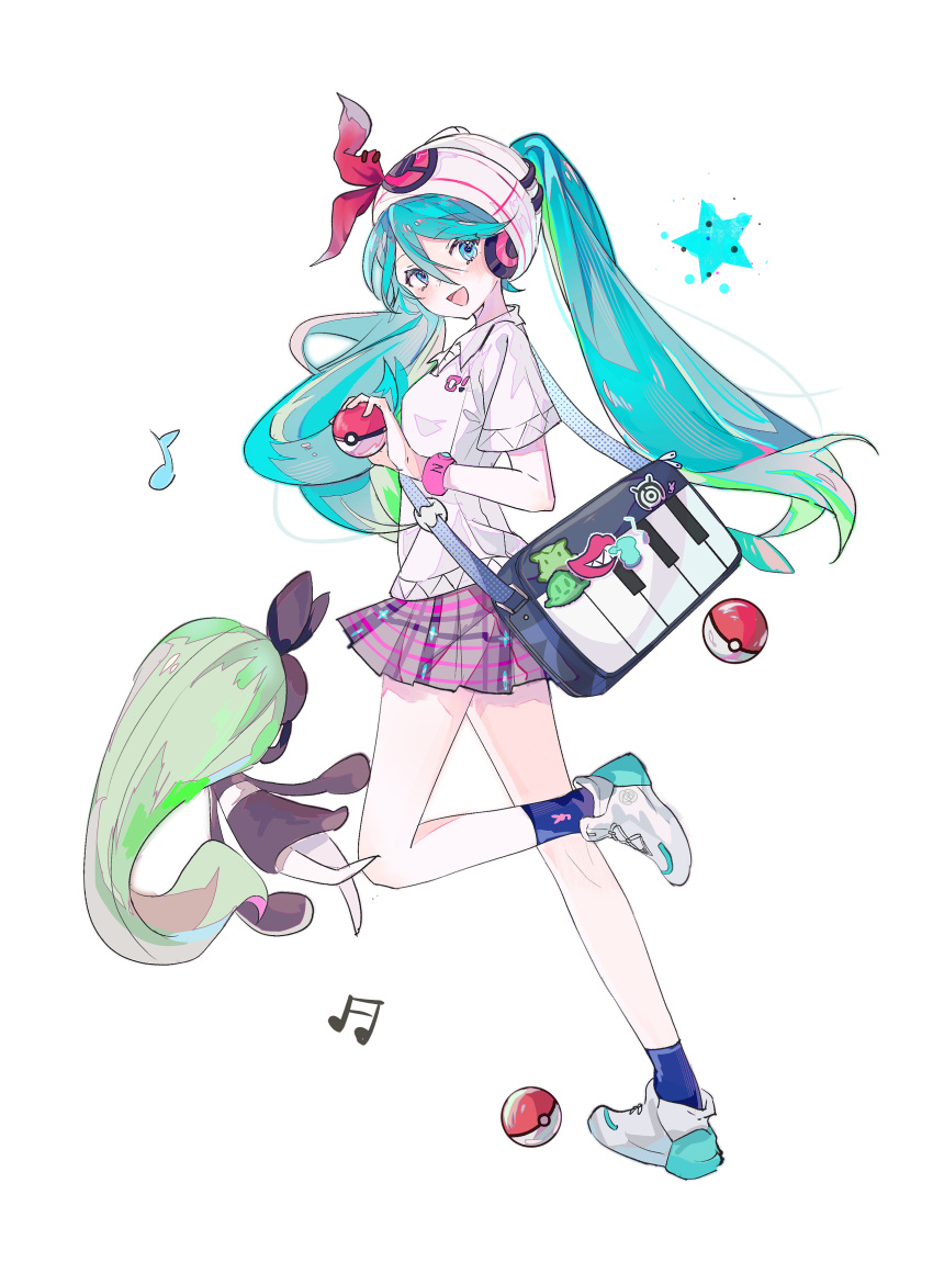 1girl :d absurdres bag beanie bracelet commentary_request crossover green_hair hair_between_eyes hat hatsune_miku highres holding holding_poke_ball jewelry leg_up long_hair meloetta open_mouth pifeng_(7634446) pleated_skirt poke_ball poke_ball_(basic) pokemon pokemon_(creature) project_voltage shoes shoulder_bag simple_background skirt smile socks star_(symbol) twintails vocaloid white_background white_headwear