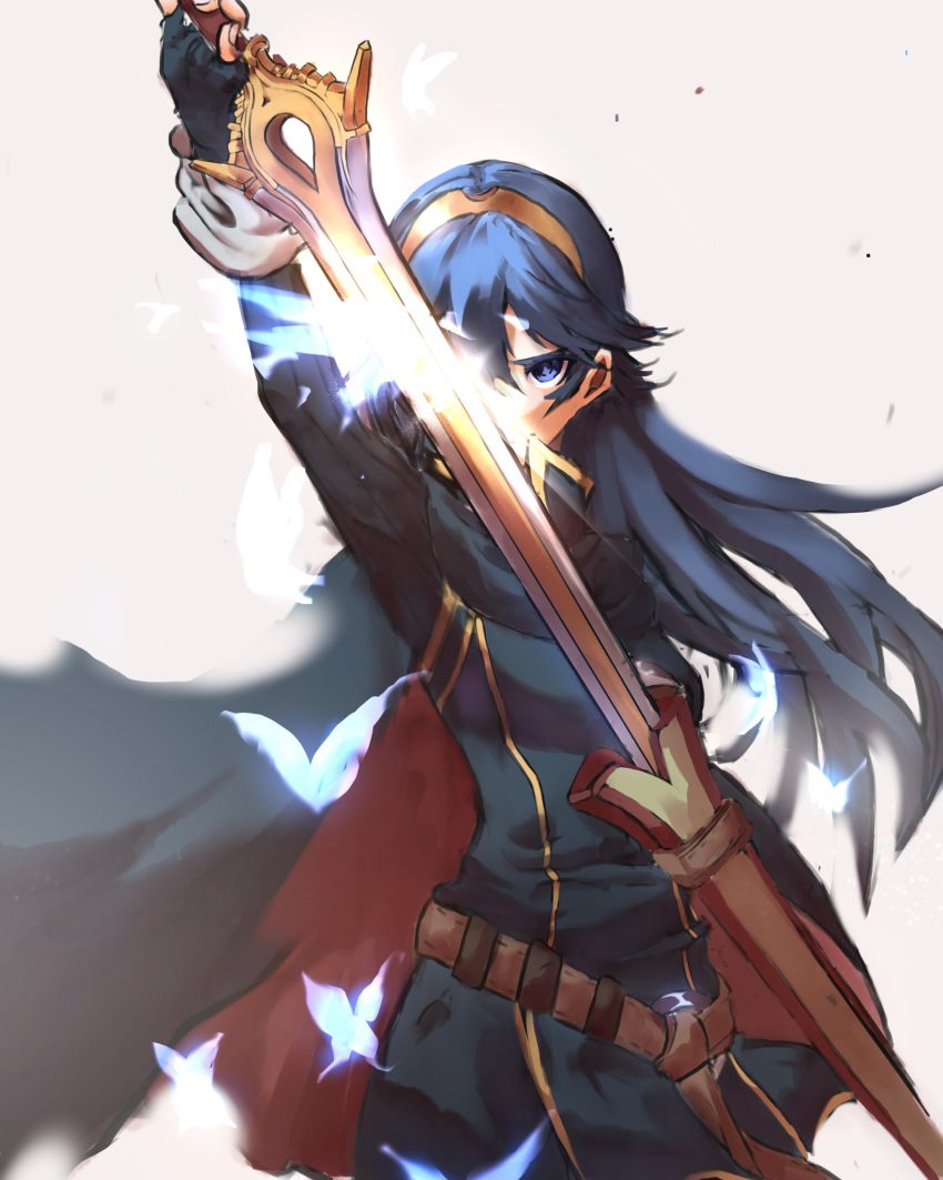 1girl armor blue_eyes blue_gloves blue_hair bug butterfly cape falchion_(fire_emblem) fingerless_gloves fire_emblem fire_emblem_awakening gloves highres holding holding_sword holding_weapon long_hair looking_at_viewer lucina_(fire_emblem) ramennamenn sheath sword tiara unsheathing weapon