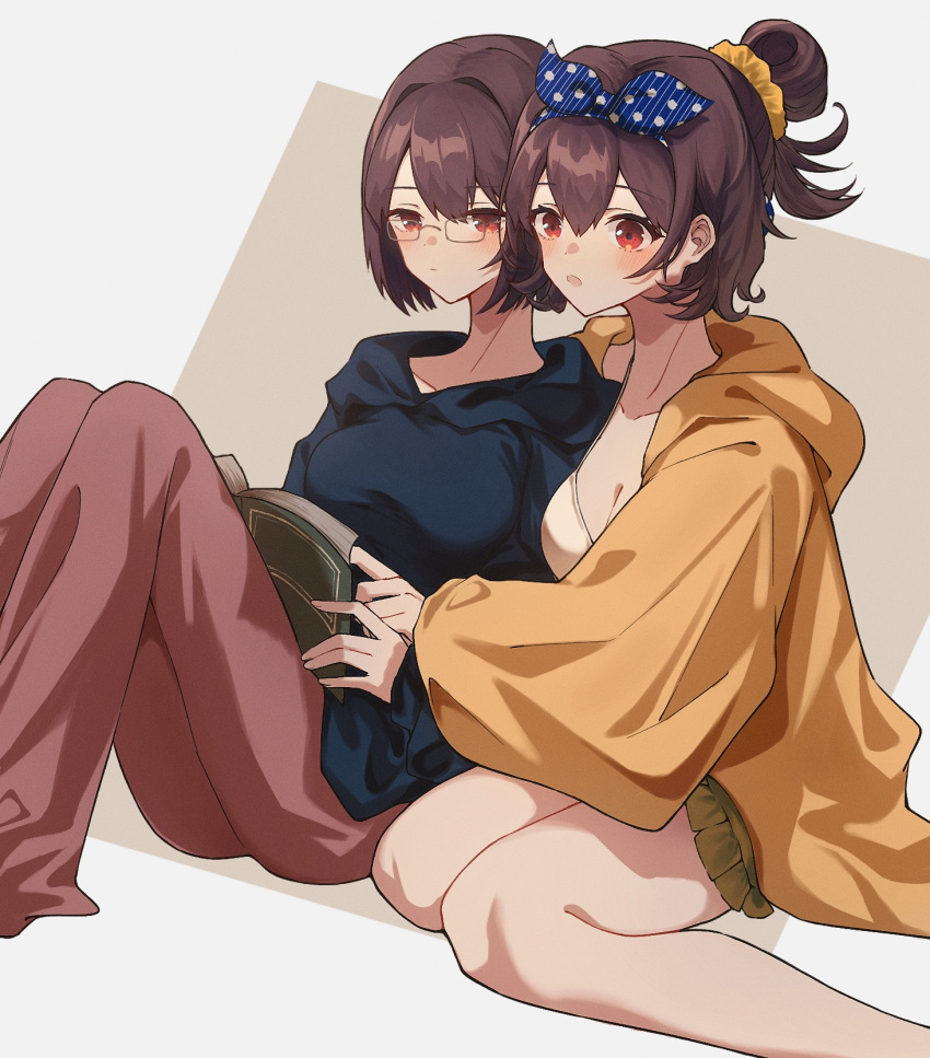 2girls alternate_costume bespectacled blush book breasts brown_hair cleavage closed_mouth glasses hair_ornament hair_scrunchie hairband highres holding holding_book hood hoodie hyuuga_(kancolle) ise_(kancolle) kantai_collection kazeshio long_sleeves multiple_girls pajamas pants parted_lips polka_dot polka_dot_background polka_dot_hairband ponytail red_eyes scrunchie short_hair simple_background sitting skirt