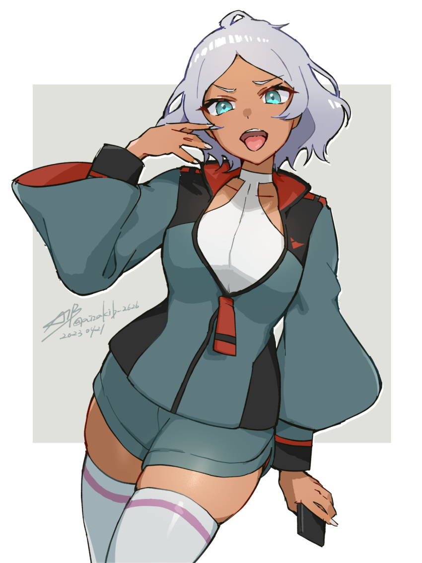 1girl ahoge aizaki_b asticassia_school_uniform border cellphone commentary cowboy_shot dark-skinned_female dark_skin green_eyes green_jacket green_shorts grey_background grey_hair gundam gundam_suisei_no_majo highres holding holding_phone jacket looking_at_viewer open_mouth outside_border partially_unzipped phone school_uniform secelia_dote short_hair short_shorts shorts signature skindentation smartphone solo standing teeth thighhighs thighs tongue tongue_out twitter_username upper_teeth_only white_border white_nails white_thighhighs