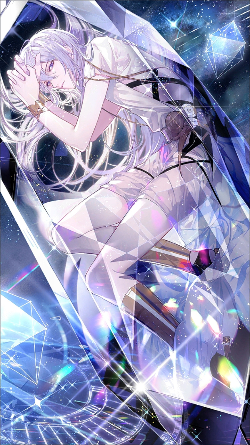 1boy analog_clock armor bangle belt bracelet clock cross-laced_clothes crystal encasement floating_hair for_all_time full_body greaves hair_between_eyes highres jewelry long_hair looking_at_viewer lying male_focus official_art on_side own_hands_together parted_lips purple_eyes sandals short_sleeves sideless_outfit sky solo star_(sky) starry_sky tunic white_hair white_tunic yexuan zhenzhibang149