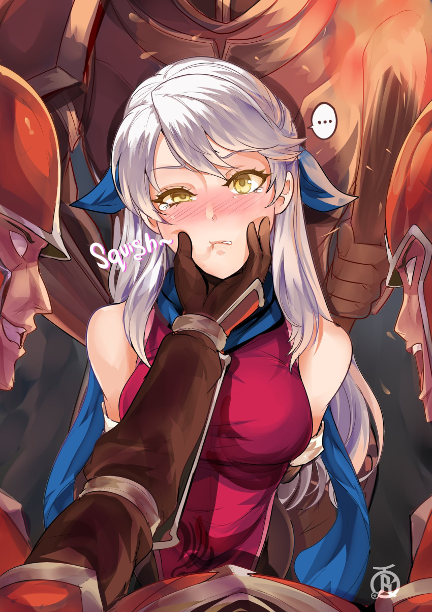 ... 1girl armor bare_shoulders blank_eyes blue_headwear blue_scarf breasts fire_emblem fire_emblem:_radiant_dawn grabbing_another's_chin grey_hair hand_on_another's_chin highres medium_breasts micaiah_(fire_emblem) multiple_boys revolverwing scarf solo_focus squishing yellow_eyes