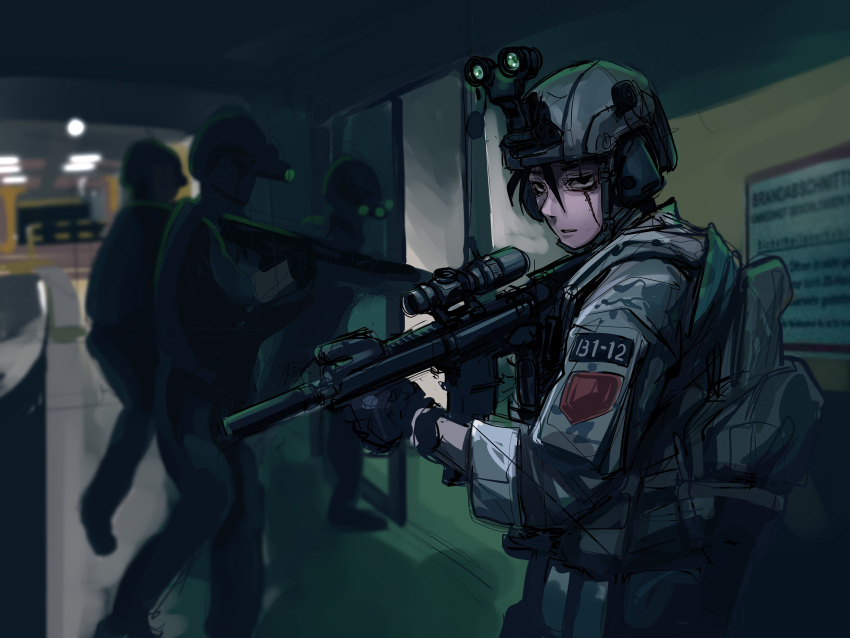 1girl 3others absurdres assault_rifle black_gloves black_hair body_armor epakim german_text gloves gun helmet highres holding holding_gun holding_weapon multiple_others night_vision_device optical_sight original rifle scar scar_across_eye scar_on_face suppressor tactical_clothes visor_(armor) weapon