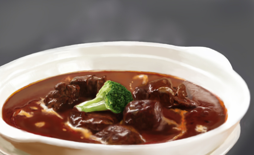 beef bowl broccoli food food_focus grey_background jiji_(kbj0225) no_humans original simple_background steam stew still_life