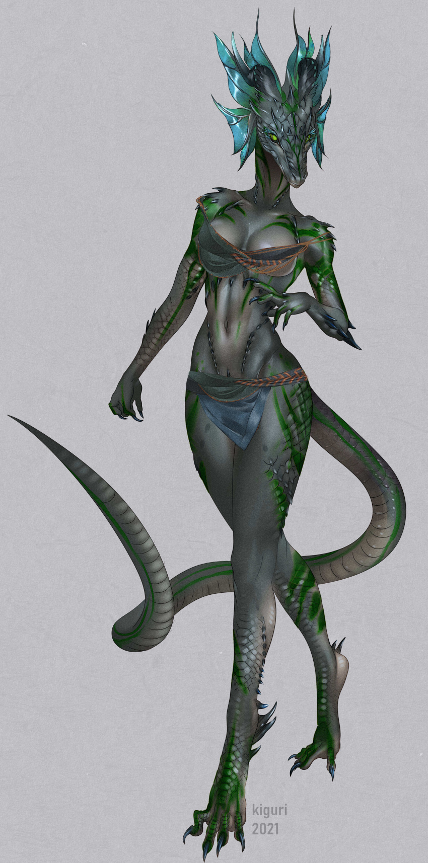 2021 2_horns 4_toes 5_fingers absurd_res anthro arm_spikes artist_name bandeau biped bottomwear breasts claws clothed clothing dated digital_media_(artwork) digitigrade eyelashes feet female finger_claws fingers frill_(anatomy) full-length_portrait green_body green_eyes green_scales grey_background head_crest head_frill hi_res horn kiguri loincloth medium_breasts membrane_(anatomy) membranous_frill midriff navel non-mammal_breasts non-mammal_navel portrait reptile scales scalie shoulder_spikes simple_background skimpy slim solo spikes spikes_(anatomy) standing tail toe_claws toes topwear