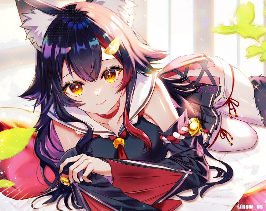1girl animal_ear_fluff animal_ears black_hair black_serafuku black_shirt black_skirt blush breasts choker closed_mouth collarbone cropped_shirt detached_sleeves hair_between_eyes hair_ornament hairclip highres hololive long_hair looking_at_viewer lying multicolored_hair neckerchief on_side ookami_mio ookami_mio_(1st_costume) pleated_skirt red_choker red_hair red_neckerchief sailor_collar school_uniform serafuku shirt skirt sleeveless sleeveless_shirt smile solo sowon streaked_hair tail thighhighs virtual_youtuber white_sailor_collar white_thighhighs wolf_ears wolf_girl wolf_tail yellow_eyes
