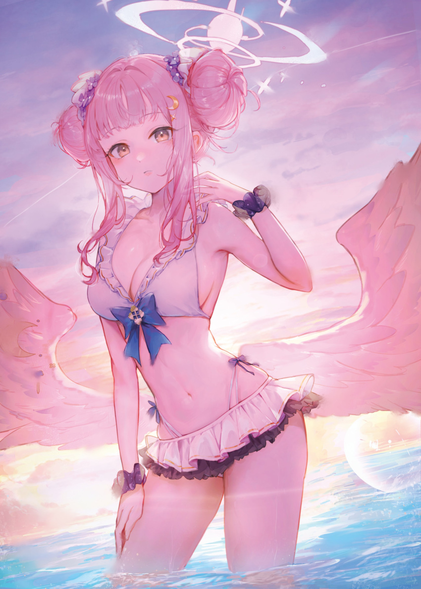 1girl absurdres alternate_costume angel_wings arm_support armpits backlighting bikini blue_archive blunt_bangs blurry breasts cleavage cloud cloudy_sky commentary dejio depth_of_field double_bun feathered_wings flower frilled_bikini frills hair_bun hair_flower hair_ornament hair_scrunchie halo highres horizon in_water leaning_forward lens_flare long_hair looking_at_viewer mika_(blue_archive) navel ocean official_alternate_hairstyle outdoors pink_hair scrunchie shallow_water sidelocks sky sleeveless solo stomach swimsuit twilight water white_bikini white_wings wings wrist_scrunchie yellow_eyes