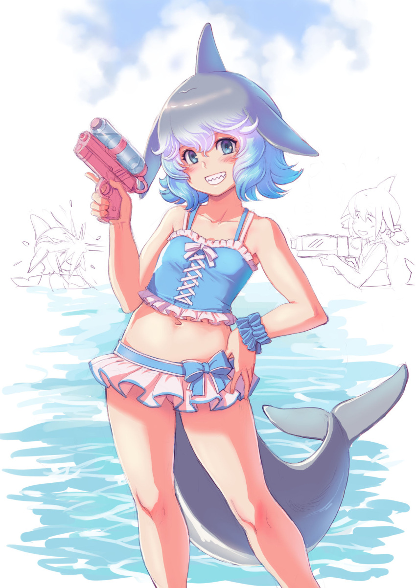 2girls alternate_costume bare_legs bare_shoulders bikini blowhole blue_bikini blue_eyes blue_hair cetacean_tail common_bottlenose_dolphin_(kemono_friends) common_dolphin_(kemono_friends) dolphin_girl dorsal_fin fins fish_tail frilled_bikini frills grey_hair highres holding holding_water_gun kemono_friends kosai_takayuki multicolored_hair multiple_girls ocean sharp_teeth short_hair sleeveless spaghetti_strap swimsuit tail teeth water_gun