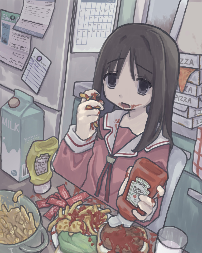 1girl absurdres azumanga_daioh black_eyes brand_name_imitation brown_hair burger calendar_(object) cup eating food food_on_face highres holding holding_food indoors kasuga_ayumu ketchup ketchup_bottle long_hair macaroni_and_cheese_(food) messy milk milk_carton mustard mustard_bottle pink_serafuku pizza pizza_box pizza_slice refrigerator school_uniform serafuku solo xanyax