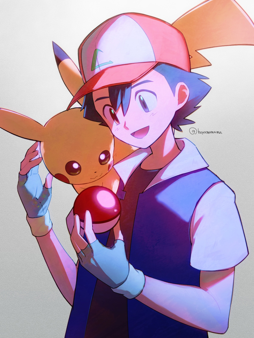 1boy :d ash_ketchum ata_(ataru_hoyama) commentary_request fingerless_gloves gloves green_gloves hair_between_eyes hands_up hat highres holding holding_poke_ball jacket male_focus on_shoulder open_mouth pikachu poke_ball poke_ball_(basic) pokemon pokemon_(anime) pokemon_(classic_anime) pokemon_(creature) pokemon_on_shoulder shirt short_hair short_sleeves smile tongue watermark