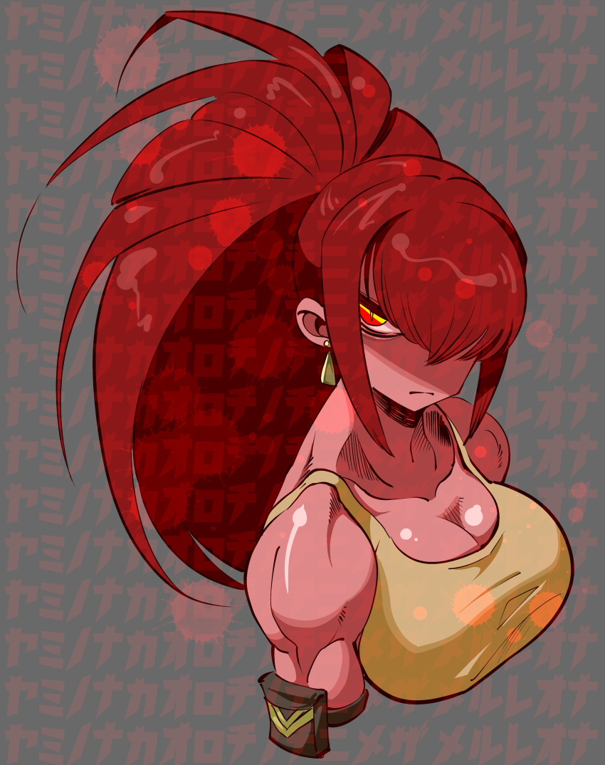 absurdres ahiru_7 armlet bare_shoulders blood blood_splatter breasts dark_persona earrings hair_over_one_eye highres jewelry leona_heidern orochi_leona ponytail red_eyes red_hair sleeveless tank_top the_king_of_fighters the_king_of_fighters_xv toned triangle_earrings wall_of_text yellow_tank_top