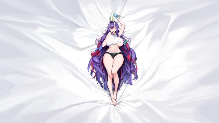 1girl abs absurdres areola_slip armpit_crease ass_visible_through_thighs barefoot bed_sheet black_shorts blue_ribbon breasts cameltoe cellphone cellphone_charm charm_(object) crop_top crotch_seam dakimakura_(medium) eating echidna_(last_origin) fangs food full_body game_cg gradient_hair green_hair green_ribbon groin_tendon hair_ornament hair_ribbon hairclip hand_on_own_chest hand_up highres holding holding_food holding_phone horns huge_breasts korean_text last_origin linea_alba long_hair looking_at_viewer lying mechanical_horns micro_shorts multicolored_hair navel official_alternate_costume official_art on_back on_bed open_mouth phone phone_screen pinkmill purple_hair purple_ribbon red_hair ribbon see-through see-through_shirt shiny_skin shirt short_sleeves shorts skindentation slit_pupils smartphone solo streaked_hair tachi-e thick_thighs thighs third-party_source tongue underboob very_long_hair white_shirt yellow_eyes