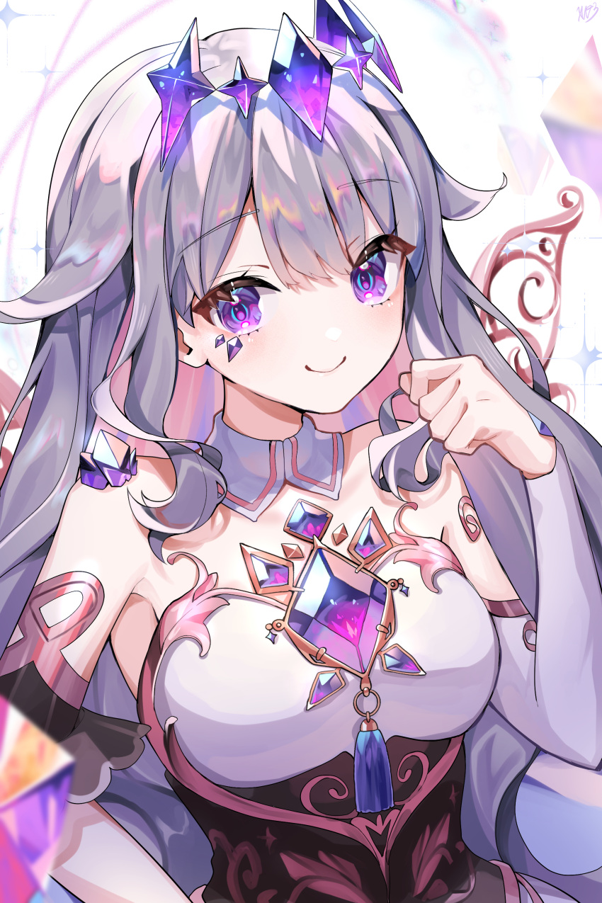 1girl absurdres chest_jewel detached_collar detached_sleeves gem grey_hair highres hololive hololive_english koseki_bijou long_hair purple_eyes purple_gemstone smile solo strapless virtual_youtuber xivi9