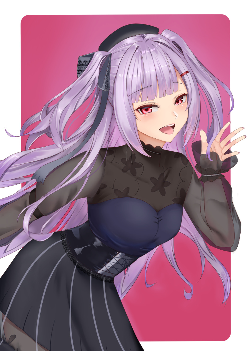 1girl absurdres ajax_(azur_lane) azur_lane beret black_dress black_ribbon corset dress hair_ornament hair_ribbon hairclip hand_up hat highres light_blush long_hair long_sleeves looking_at_viewer misoni_(kenisbyakusiki) official_alternate_costume open_mouth purple_hair red_eyes ribbon see-through see-through_dress see-through_sleeves simple_background smile solo two_side_up waving zozotown