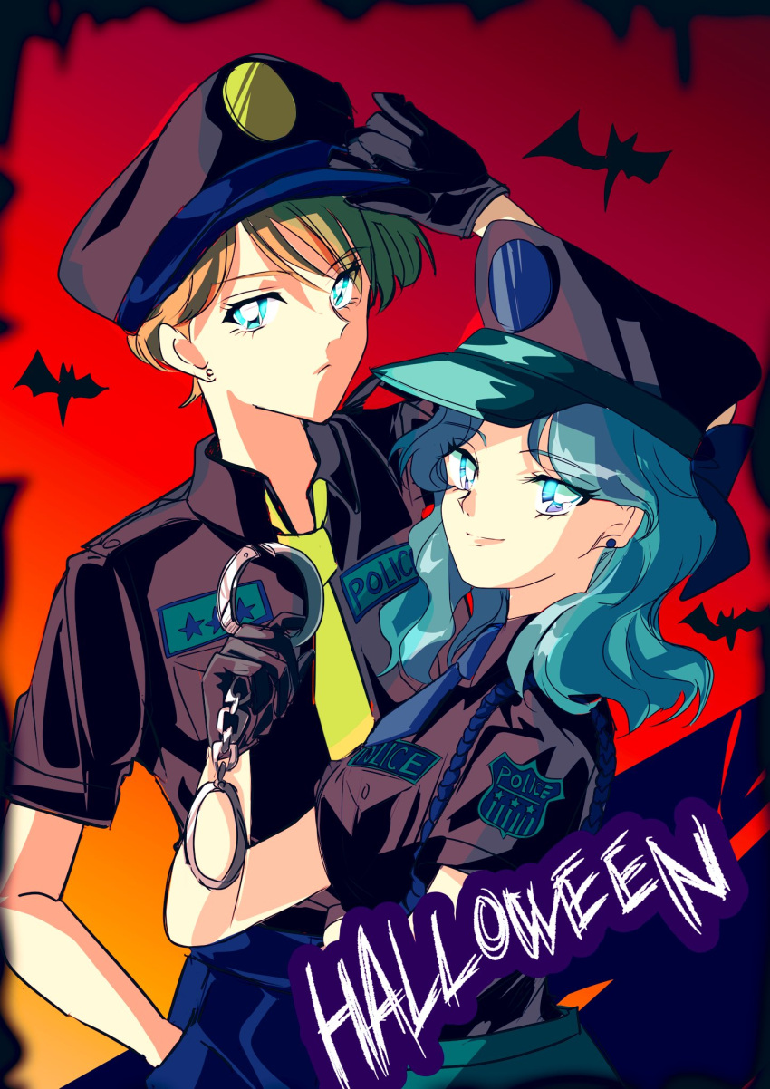 2girls aqua_hair bat_(animal) bishoujo_senshi_sailor_moon black_gloves blonde_hair breasts closed_mouth couple earrings gloves halloween halloween_costume hat highres jewelry kaiou_michiru multiple_girls munya_chuu police police_hat police_uniform policewoman red_background short_hair smile ten'ou_haruka uniform