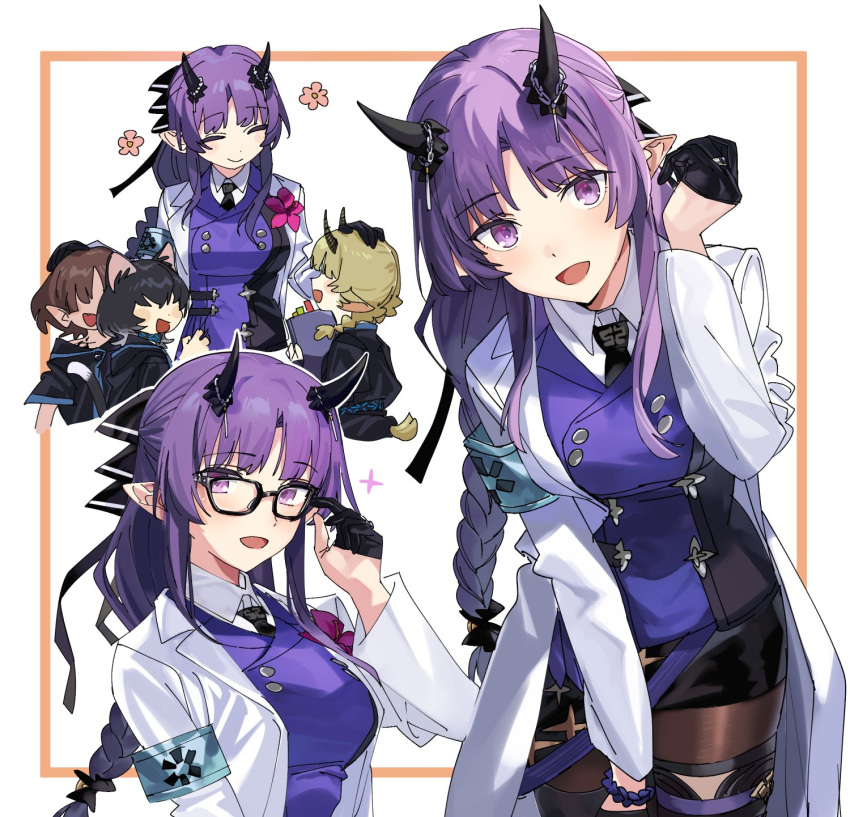 1girl 3others arknights bespectacled black-framed_eyewear black_gloves black_necktie braid coat commentary_request framed glasses gloves half_gloves hand_on_another's_head headpat hibiscus_(arknights) hibiscus_the_purifier_(arknights) highres horns labcoat long_hair multiple_others multiple_views necktie open_mouth partially_fingerless_gloves pointy_ears purple_eyes purple_hair scrunchie single_braid smile white_coat wrist_scrunchie yomosaka