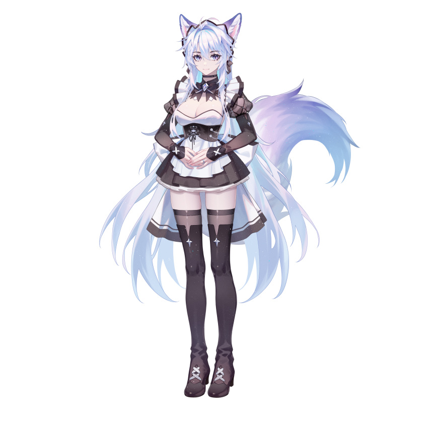 1girl absurdres animal_ears antenna_hair black_thighhighs boots breasts cleavage dress fox_ears fox_girl fox_tail full_body grey_hair highres jewelry kirby_d_a large_breasts long_hair looking_at_viewer maid original purple_eyes ring simple_background smile solo standing tachi-e tail thigh_boots thighhighs thighhighs_under_boots very_long_hair white_background white_dress