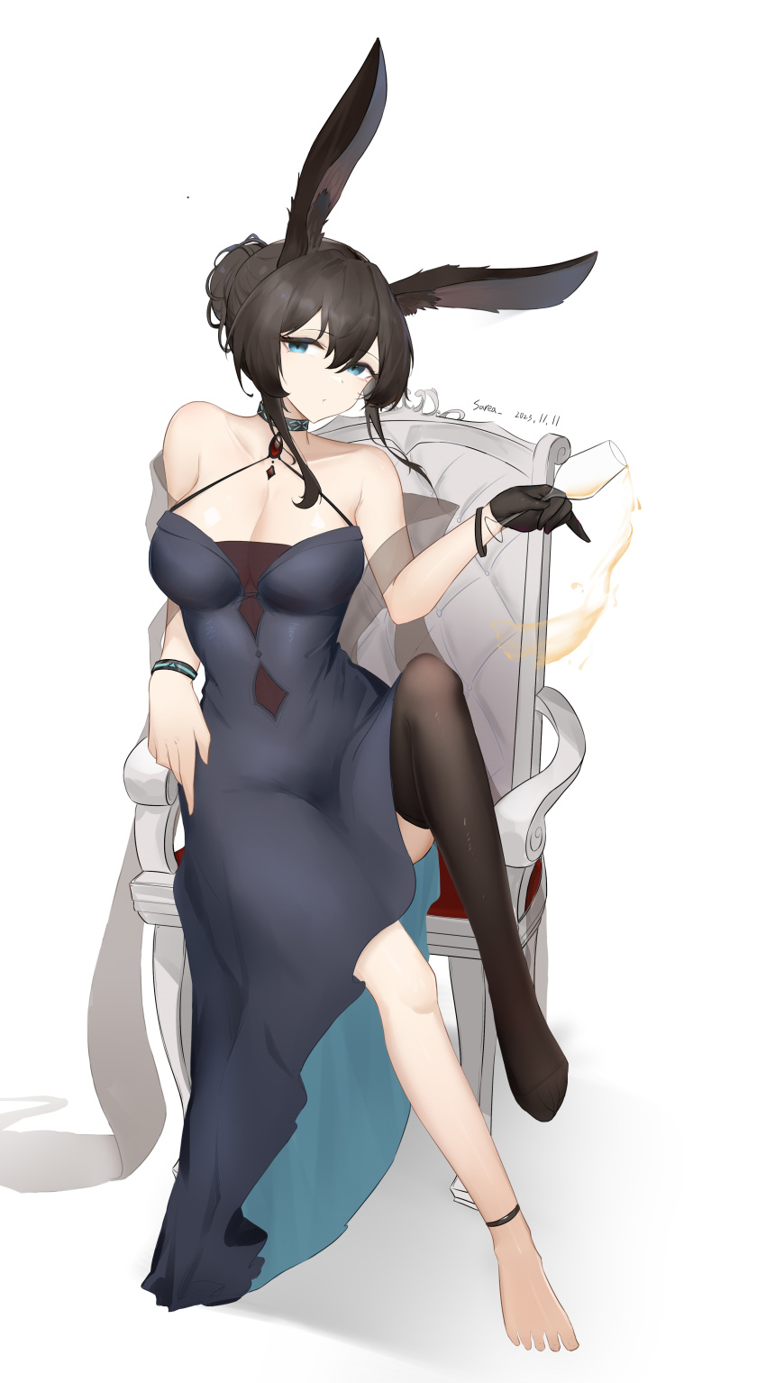 1girl absurdres alternate_breast_size amiya_(arknights) animal_ears arknights black_dress black_thighhighs blue_eyes breasts brown_hair chair dress full_body hair_between_eyes hair_bun highres knee_up large_breasts looking_at_viewer rabbit_ears rabbit_girl sarea_(sarea2020) simple_background single_thighhigh sitting solo spill thighhighs white_background