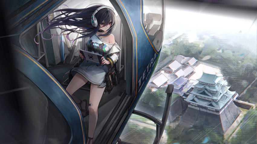 1girl absurdres aircraft bags_under_eyes bandaid bandaid_on_knee bandaid_on_leg black_footwear black_hair closed_mouth collar exia_(nikke) feet goddess_of_victory:_nikke hair_between_eyes handheld_game_console headset helicopter highres holding holding_handheld_game_console jacket long_hair off_shoulder official_art open_clothes open_jacket sandals scenery solo