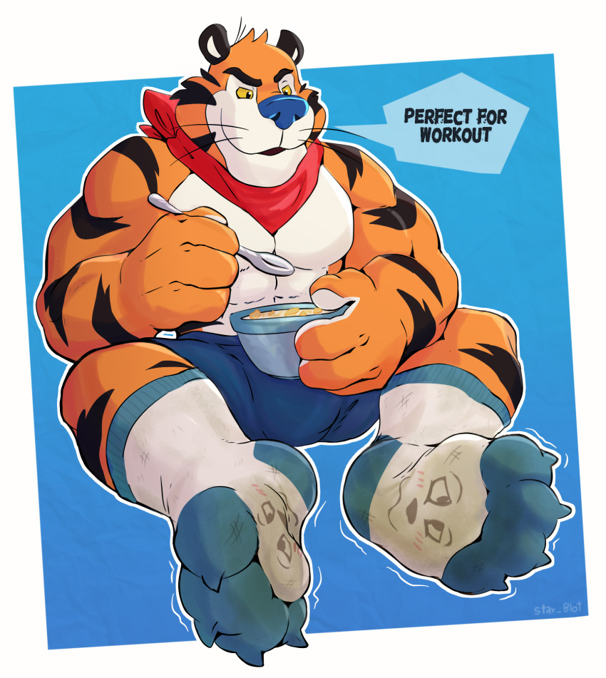 4_toes after_transformation anthro biped blush claws clothing clothing_transformation dialogue duo feet foot_fetish foot_focus foot_play footwear frosted_flakes hi_res inanimate_transformation jozzu kellogg's male male/male mascot sock_transformation socks soles speech_bubble toe_claws toes tony_the_tiger transformation