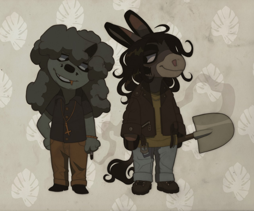 animal_crossing anthro asinus black_hair boots bottomwear canid canine canis chibi cigarette clothing cross curled_hair dean_(terribleanimal) denim denim_clothing domestic_dog donkey dress_shirt duo equid equine facial_hair fangs floppy_ears footwear fur grey_body grey_fur hair half-closed_eyes hooves inverted_cross jacket jeans lips male mammal narrowed_eyes nintendo pants pattern_background poodle shirt shovel sideburns simple_background slacks smile smoking smoking_tobacco solo tail tail_tuft tan_body tan_fur tan_hair teeth terribleanimal thick_bottom_lip tony_(terribleanimal) tools topwear tuft