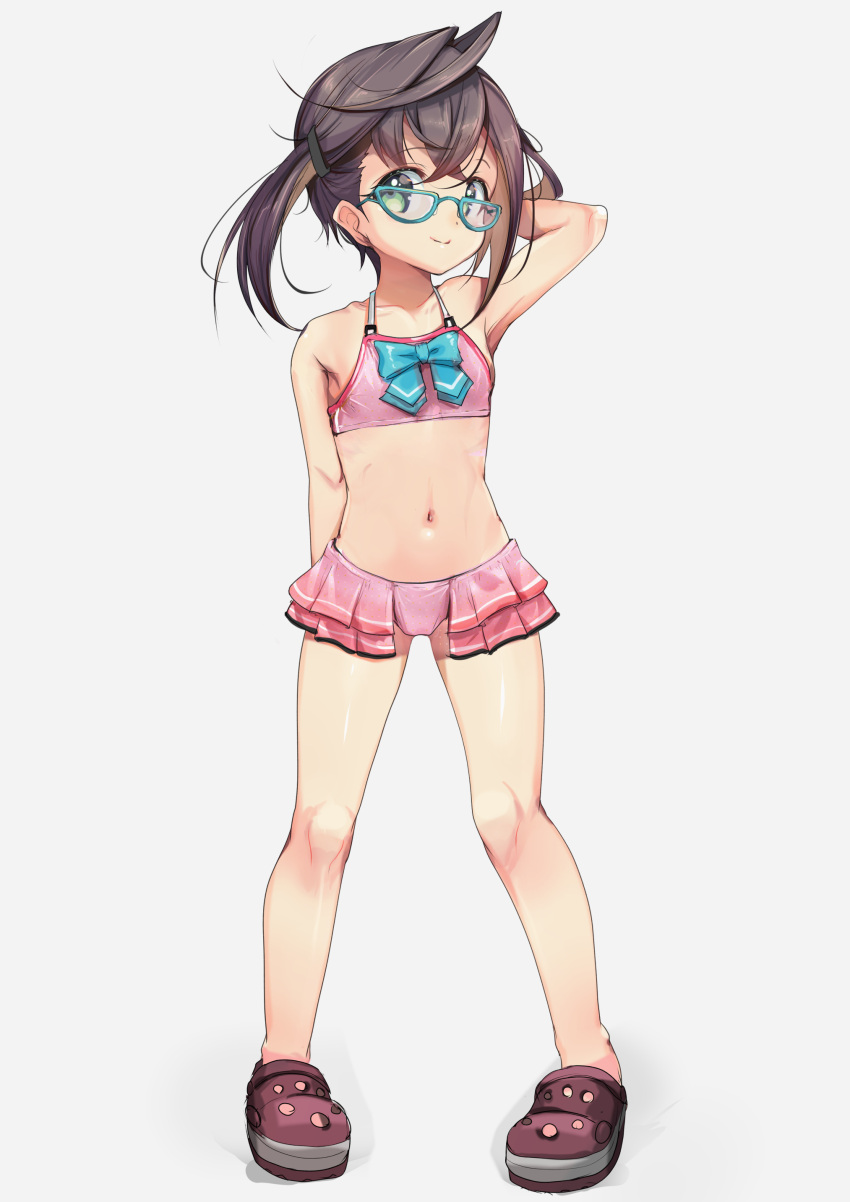 1girl absurdres adapted_costume aqua-framed_eyewear aqua_bow aqua_bowtie bikini bikini_skirt black_hair bow bowtie crocs flat_chest frilled_one-piece_swimsuit frills glasses green_eyes highres kantai_collection multicolored_hair navel okinami_(kancolle) okinami_kai_ni_(kancolle) one-piece_swimsuit pink_bikini pink_hair shirt short_hair side_ponytail simple_background solo swimsuit white_background yashin_(yasinz)