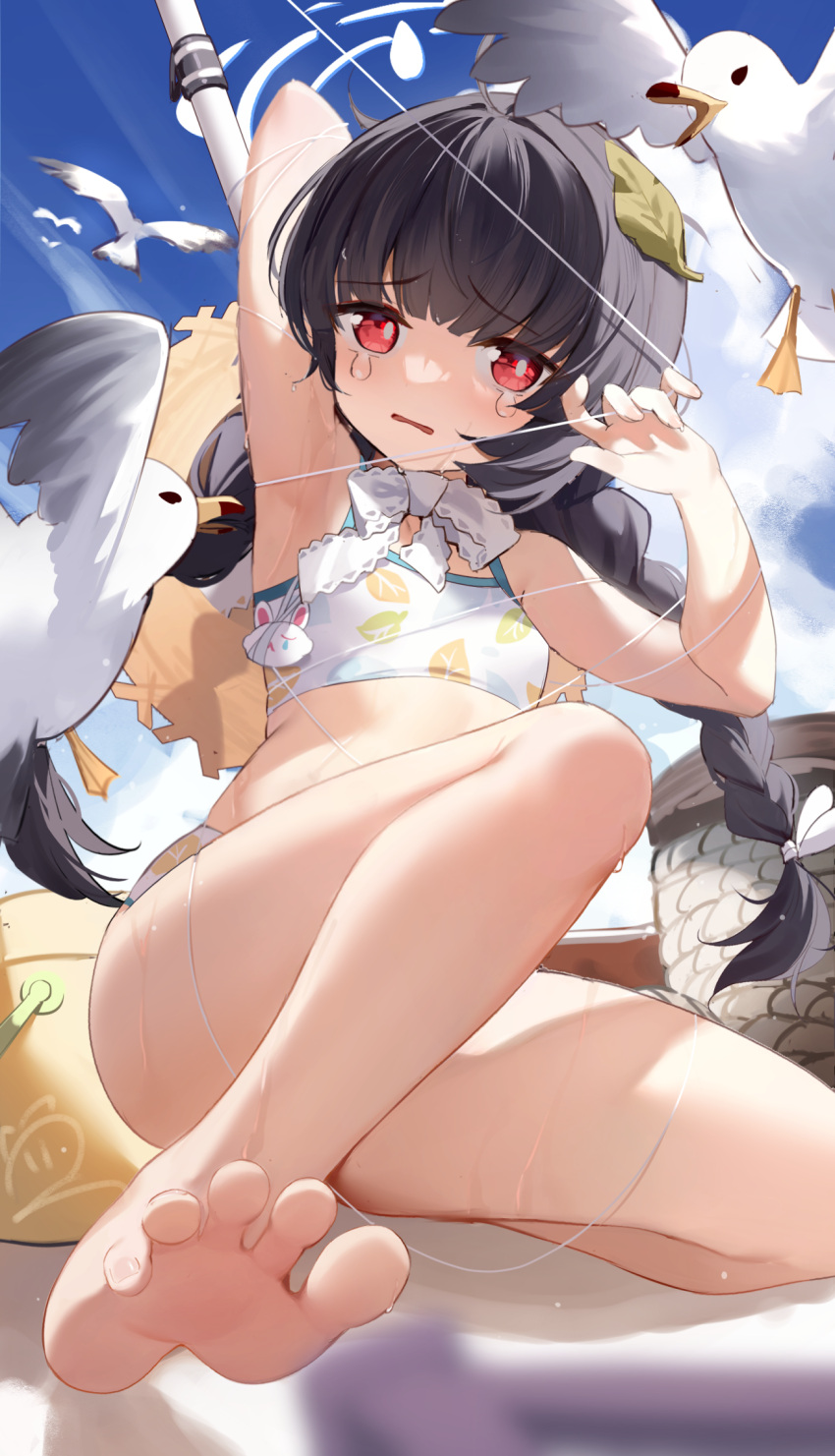 1girl ahoge animal arm_up bare_arms bare_legs bare_shoulders barefoot bikini bird black_hair blue_archive blue_sky braid cloud commentary_request day fishing_line fishing_rod hair_ribbon halo highres leaf leaf_on_head leaf_print long_hair looking_at_viewer low_twintails miyu_(blue_archive) miyu_(swimsuit)_(blue_archive) nahaki official_alternate_costume outdoors parted_lips print_bikini red_eyes ribbon seagull sky soles solo swimsuit tears twin_braids twintails very_long_hair white_bikini white_ribbon
