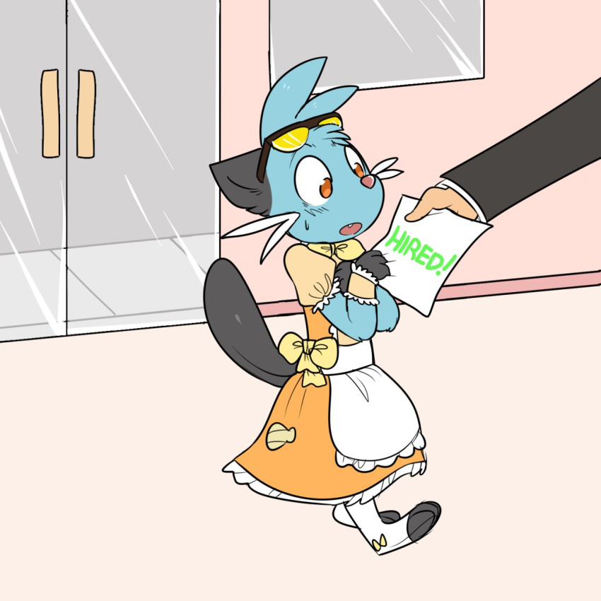 anthro black_body black_fur blue_body blue_fur blush cafe clothed clothing colored dewott door dress eyewear female fur generation_5_pokemon hi_res hire kipaki maid_cafe maid_uniform nintendo paper pokemon pokemon_(species) solo sunglasses surprised_expression tail uniform whiskers