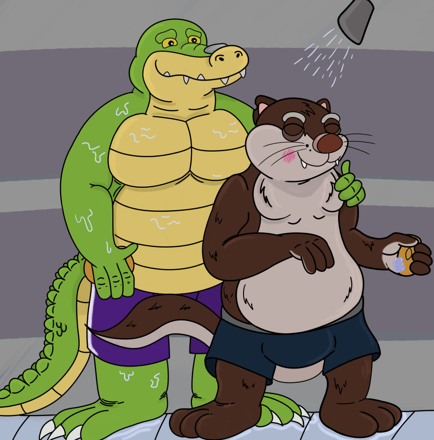 2023 3_toes absurd_res alligator alligatorid anthro bathing belly blush brok_(character) brok_the_investigator clothing crocodilian cute_fangs dr._mink duo eyes_closed feet green_body hi_res humanoid_hands male male/male mammal melonca53654294 mink mustelid musteline overweight overweight_male reptile scalie toes true_musteline underwear