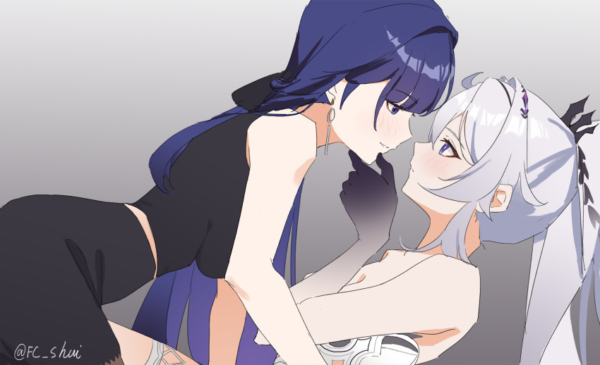 2girls ahoge alternate_costume bare_shoulders black_headwear black_shirt black_shorts breasts closed_mouth couple crown earrings girl_on_top hand_on_another's_chin hetare_mizu high_ponytail highres honkai_(series) honkai_impact_3rd jewelry kiana_kaslana kiana_kaslana_(herrscher_of_finality) looking_at_another medium_breasts multiple_girls parted_lips ponytail purple_eyes purple_hair raiden_mei raiden_mei_(herrscher_of_origin) red_eyeliner shirt shorts simple_background sleeveless smile twitter_username white_hair yuri