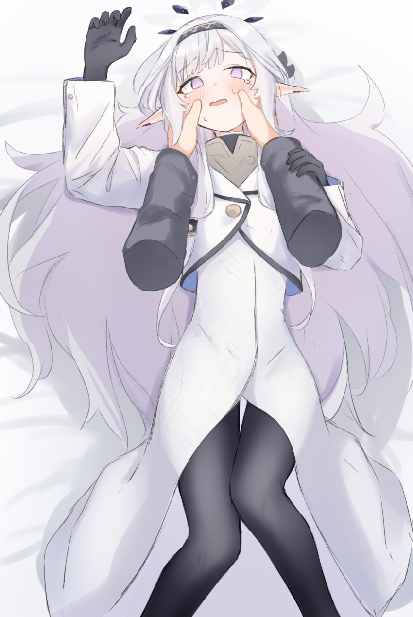 1girl absurdres bed_sheet black_gloves black_hairband blue_archive blush cheek_squash disembodied_limb gloves grey_hair hair_tubes hairband halo highres himari_(blue_archive) jacket long_hair long_sleeves looking_at_viewer lying mole mole_under_eye on_back open_mouth pointy_ears purple_eyes riya_(01214) solo_focus tearing_up white_jacket