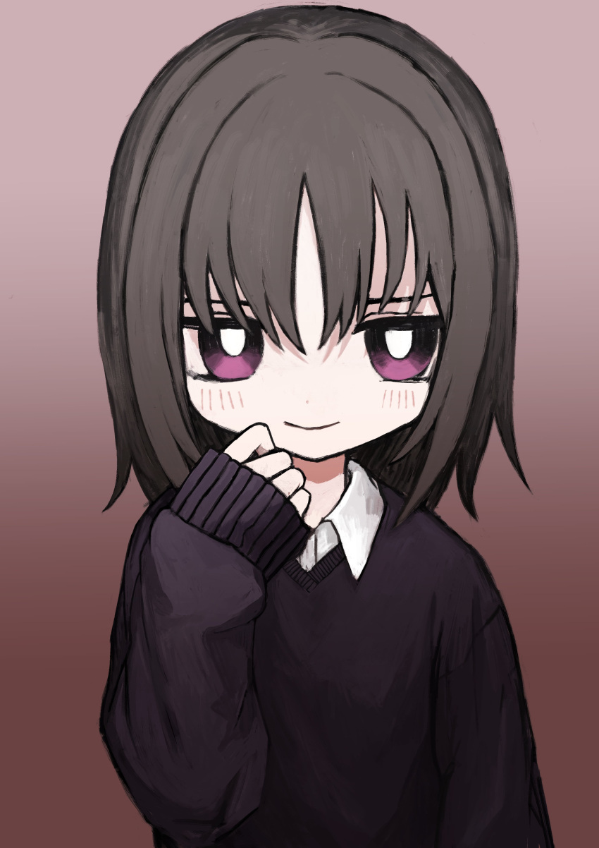 1girl absurdres black_sweater bright_pupils brown_hair collared_shirt evil_smile gradient_background half-closed_eyes hand_to_own_mouth hand_up highres light_blush looking_at_viewer medium_hair original purple_eyes red_background shii595 shirt sleeves_past_wrists smile solo sweater upper_body white_pupils white_shirt
