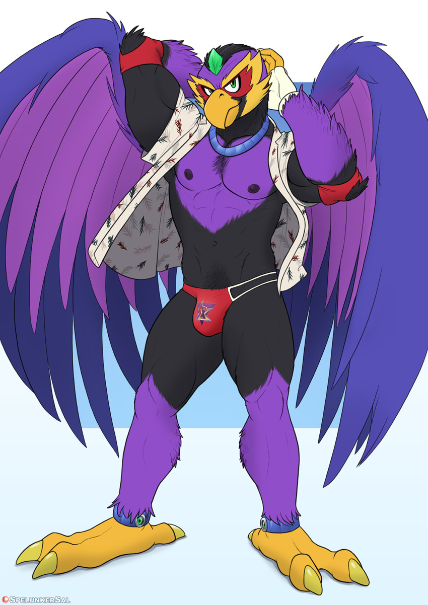 accipitrid accipitriform avian bird bulge capcom clothed clothing eagle green_eyes hi_res looking_at_viewer male mega_man_(series) mega_man_x_(series) muscular muscular_male open_clothing open_shirt open_topwear shirt simple_background solo spelunker_sal storm_eagle talons topwear underwear wings