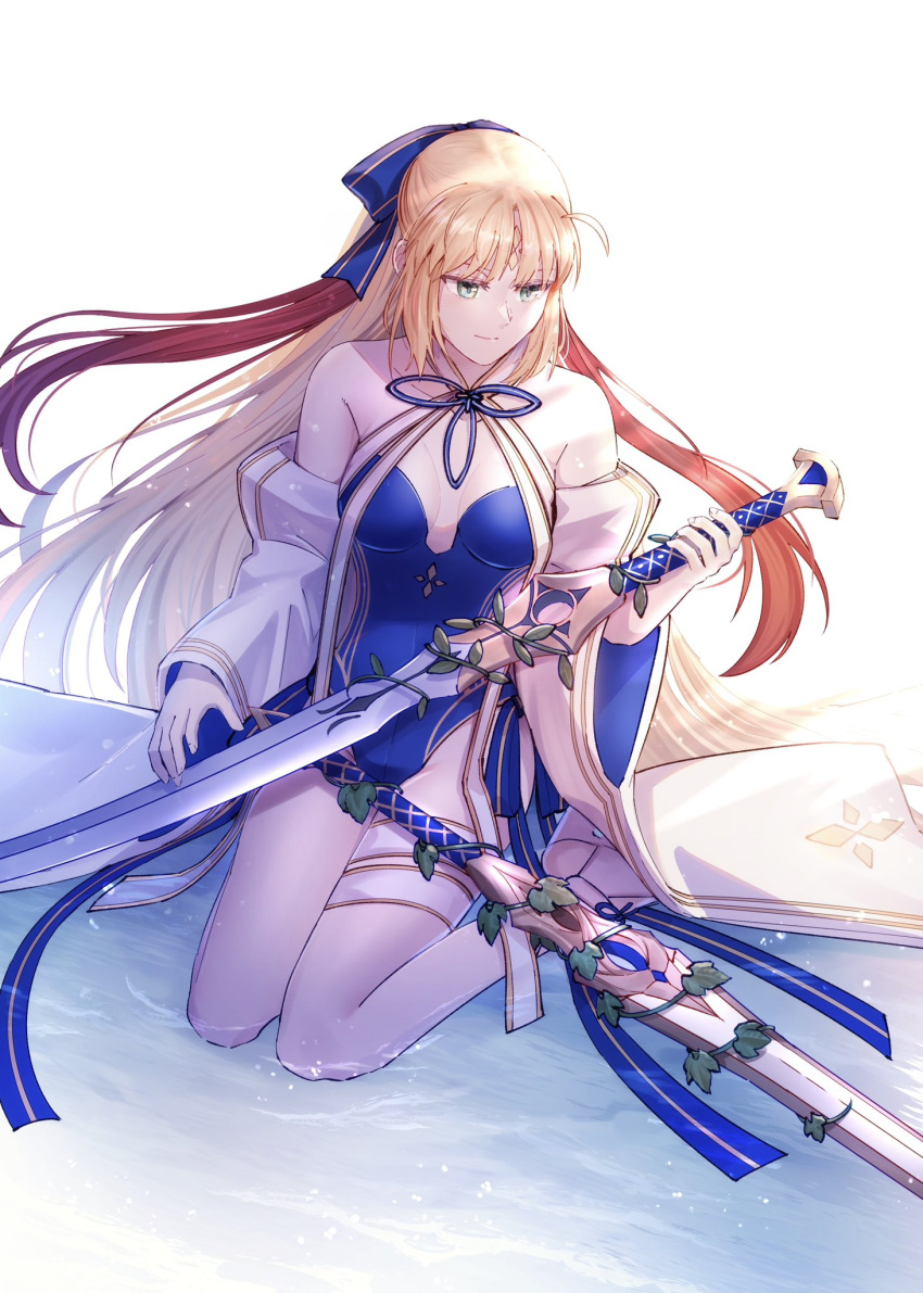 1girl ahoge artoria_caster_(fate) artoria_caster_(swimsuit)_(fate) artoria_pendragon_(fate) bare_legs bare_shoulders blonde_hair blue_bow blue_one-piece_swimsuit blue_ribbon bow breasts diamond_(shape) double-blade fate/grand_order fate_(series) full_body gold_trim green_eyes hair_bow highres holding holding_sword holding_weapon long_hair long_sleeves looking_down one-piece_swimsuit ornament red_hair ribbon sitting sitting_on_water small_breasts smile swimsuit sword twintails very_long_hair water weapon white_background white_footwear white_ribbon yamano_udumi