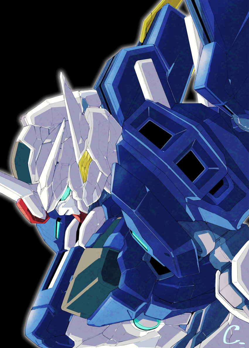 absurdres aqua_eyes black_background commentary from_above gundam gundam_aerial_rebuild gundam_suisei_no_majo highres kuroiwa_cookie mecha mobile_suit no_humans robot science_fiction signature solo upper_body v-fin