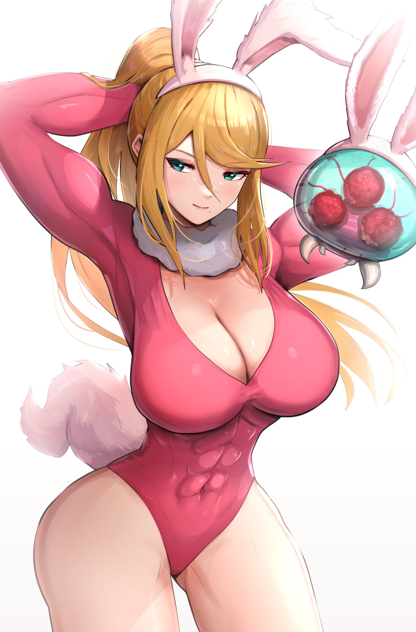 1girl abs absurdres animal_ears bad_anatomy blonde_hair breasts cleavage fake_animal_ears fake_tail gonzarez highres impossible_clothes impossible_leotard large_breasts leotard metroid metroid_(classic) metroid_(creature) muscular pink_leotard rabbit_ears samus_aran tail white_background