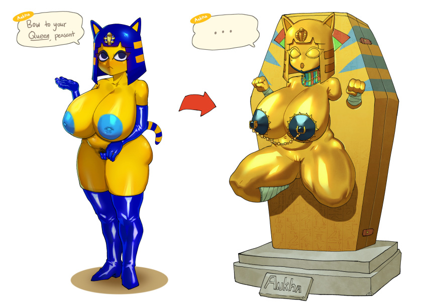 absurd_res animal_crossing ankha_(animal_crossing) anthro areola armwear before_and_after big_areola big_breasts big_butt black_pubes blue_hair boots breasts butt clothing crabhorn domestic_cat elbow_gloves felid feline felis female footwear fur genitals gloves gold_statue hair handwear hi_res huge_breasts instant_loss_2koma legwear mammal mind_break mostly_nude_anthro mostly_nude_female nintendo nipple_chain nipple_clamp nipple_piercing nipple_ring nipples petrification piercing pubes pussy ring_piercing sarcophagus solo thick_thighs thigh_boots thigh_highs wide_hips yellow_body yellow_fur