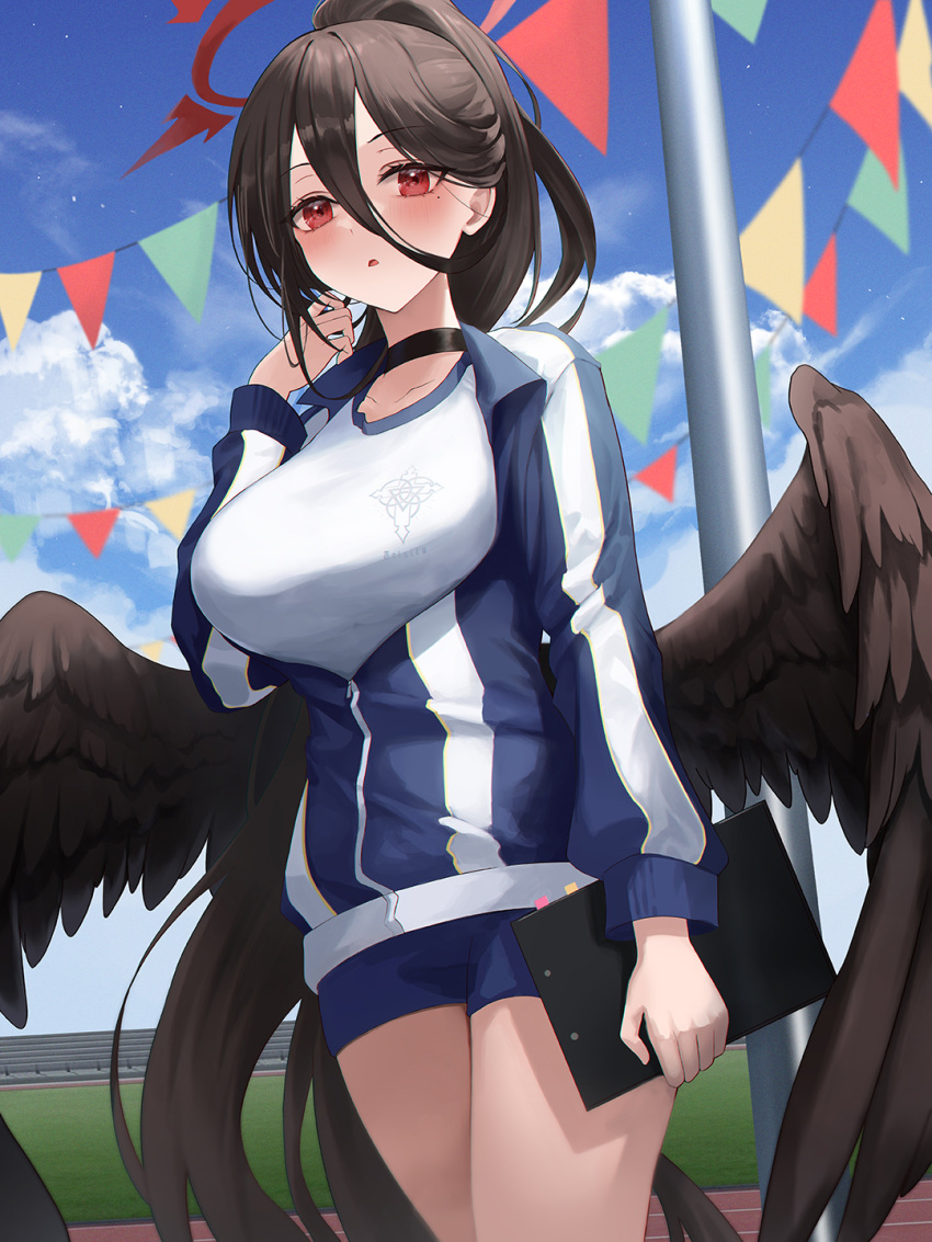 1girl adjusting_hair black_hair black_wings blue_archive blue_sky clipboard cloud cloudy_sky commentary_request feathered_wings flag gym_shirt gym_shorts gym_uniform hair_between_eyes halo hasumi_(blue_archive) hasumi_(track)_(blue_archive) heeri highres holding holding_clipboard jacket large_wings long_bangs long_hair long_sleeves looking_at_viewer mole mole_under_eye multicolored_clothes multicolored_jacket official_alternate_costume official_alternate_hairstyle outdoors parted_lips ponytail red_eyes shirt short_shorts shorts sidelocks sky solo stadium track_jacket two-tone_jacket white_shirt wings