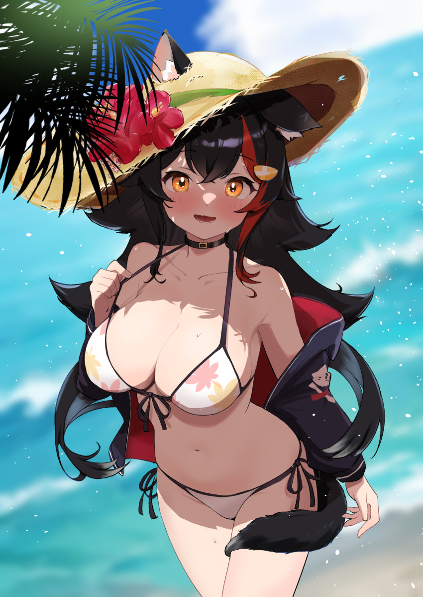 1girl animal_ear_fluff animal_ears bare_shoulders beach bikini black_choker black_hair black_jacket blue_sky blush breasts choker cleavage cloud collarbone day ears_through_headwear flipped_hair front-tie_bikini_top front-tie_top hair_between_eyes hair_ornament hairclip hat highres hololive jacket kani_bonara large_breasts leaf_print long_hair looking_at_viewer maple_leaf_print multicolored_hair navel official_alternate_costume ookami_mio ookami_mio_(summer_vacation) open_mouth outdoors print_bikini red_hair side-tie_bikini_bottom skindentation sky smile solo spiked_hair straw_hat streaked_hair swimsuit tail tail_around_own_leg tail_wrap two-sided_fabric two-sided_jacket virtual_youtuber white_bikini wolf_ears wolf_girl wolf_tail yellow_eyes