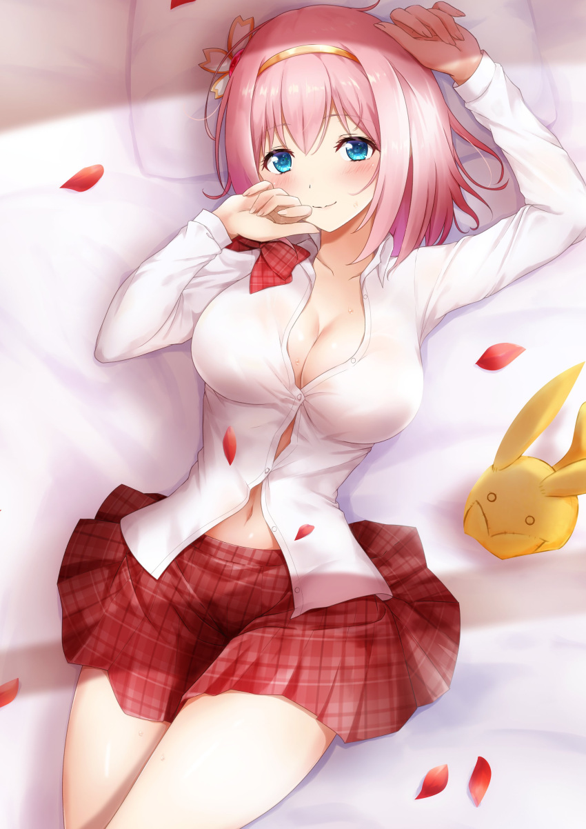 absurdres blue_eyes breasts cleavage gold_hairband hairband highres large_breasts looking_at_viewer lying masaki728o navel on_back partially_unbuttoned petals pink_hair pleated_skirt princess_connect! red_skirt rose_petals school_uniform short_hair skirt smile yui_(princess_connect!)