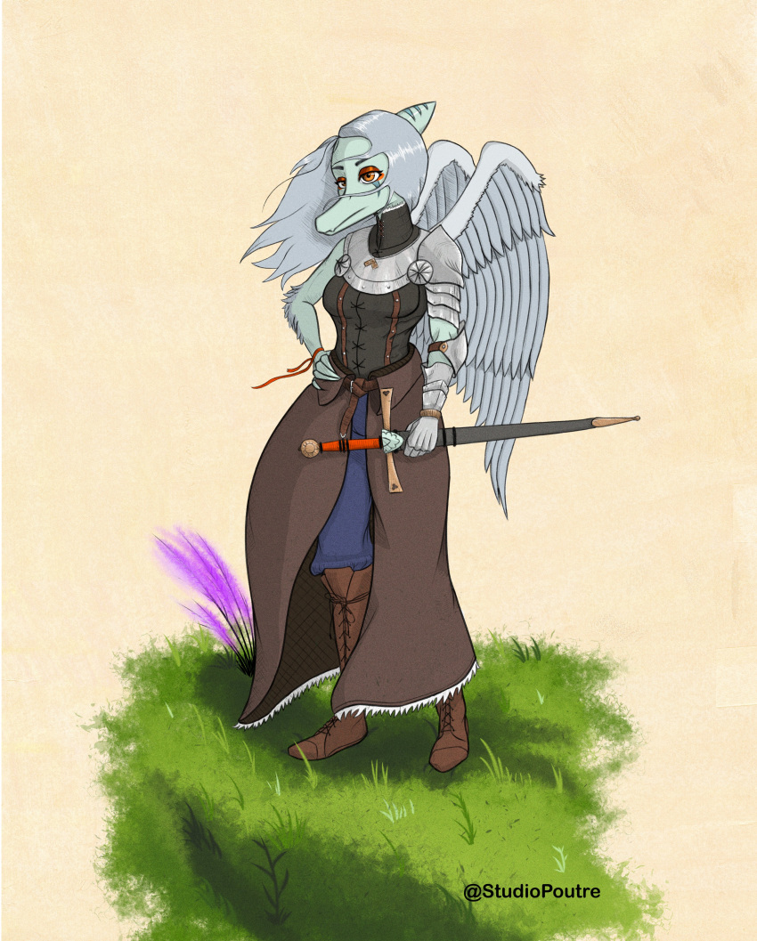 5_fingers absurd_res alternate_costume amber_eyes anthro arm_feathers armor bone_frill bottomwear clothing couter dinosaur elbow_feathers eyeshadow fang_(gvh) feathered_wings feathers female fingers frill_(anatomy) gauntlets gloves goodbye_volcano_high gorget grass grey_body grey_feathers hair hand_on_hip handwear hi_res holding_object holding_sword holding_weapon jerkin_(clothing) longsword makeup medieval medieval_clothing melee_weapon pants pauldron plankanon plant plantigrade pterodactylus pterosaur reptile scabbard scalie silver_hair simple_background skirt snoot_game solo standing sword weapon wings