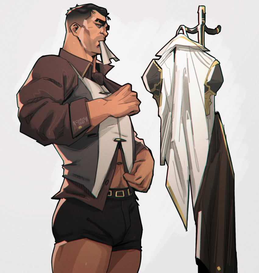 1boy arcane:_league_of_legends arcane_jayce artist_name bara black_hair black_male_underwear boxer_briefs brown_shirt chris_sdd facial_hair grey_vest highres jayce_(league_of_legends) league_of_legends male_focus male_underwear muscular muscular_male navel shirt short_hair sidecut simple_background solo two-tone_vest underwear undressing vest white_background white_vest