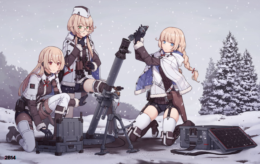 2b14_(girls'_frontline) 2b14_podnos 3girls ammunition binoculars black_gloves black_shorts blonde_hair blue_capelet blue_eyes bodysuit boots braid brown_bodysuit brown_footwear brown_jacket brown_sleeves brown_sweater capelet character_name closed_mouth detached_sleeves emblem full_body fur-trimmed_boots fur-trimmed_capelet fur_trim garrison_cap garter_straps girls'_frontline glasses gloves green_eyes gun hair_over_shoulder handgun hat high_heel_boots high_heels highres holding holding_binoculars holster holstered hood hooded_capelet jacket knee_boots long_hair long_sleeves low_twintails mortar_(weapon) mortar_shell multiple_girls official_art open_mouth outdoors pine_tree red_eyes reloading ribbed_sweater round_eyewear shorts single_braid skindentation snap-fit_buckle snow snowing suitcase sweater terminal terras thigh_boots thigh_strap thighhighs thighhighs_under_boots tree twin_braids twintails two-sided_capelet weapon weapon_case white_capelet white_headwear white_thighhighs winter_clothes