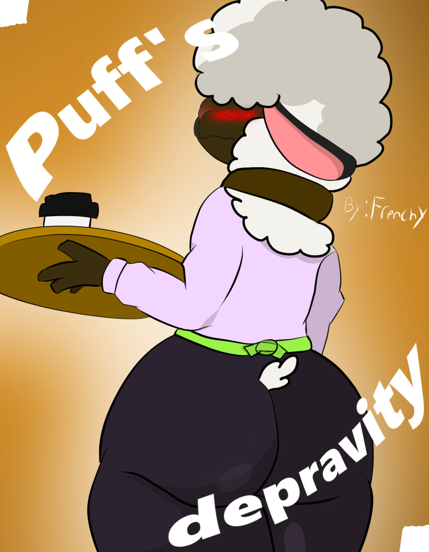 anthro apron beverage big_butt blush bovid butt caprine clothing coffee collar comic cover cover_art cover_page fluffy fluffy_tail frenchybaguette fur hair hair_over_eyes hi_res male mammal nervous puff_(frenchybaguette) rear_view serving_tray sheep solo tail thick_thighs tight_clothing waiter wide_hips wool_(fur)