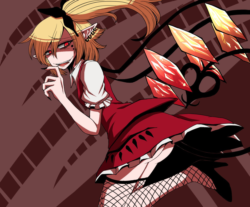 1girl ass bags_under_eyes black_bow black_footwear black_nails blonde_hair bow brown_background collared_shirt commentary_request crystal earrings fingernails fishnet_thighhighs fishnets flandre_scarlet frilled_skirt frilled_sleeves frills full_body hair_between_eyes hair_bow high_heels highres jewelry jumping kuri_dora laevatein_(tail) long_bangs long_hair looking_at_viewer multiple_earrings no_headwear one_side_up open_mouth pointy_ears red_eyes red_skirt red_vest shaded_face sharp_fingernails shirt skirt skirt_set slit_pupils smile solo tail thighhighs touhou underbutt vest white_shirt wings