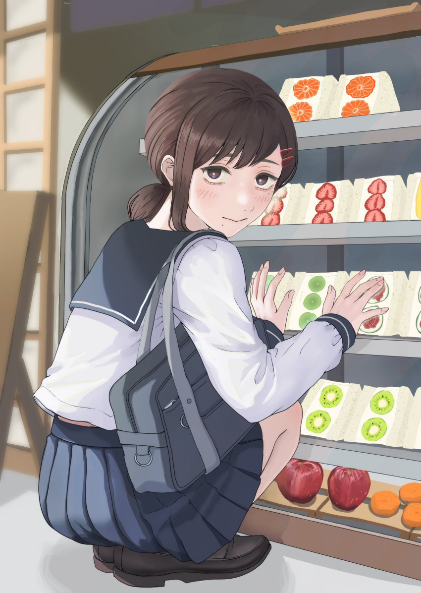 1girl apple bag black_footwear brown_hair chainsaw_man commentary dress english_commentary food fruit groceries hair_ornament hairpin higashiyama_kobeni highres karcer karcer_grey kiwi_(fruit) kobenisuperfan satchel school_uniform shopping solo strawberry