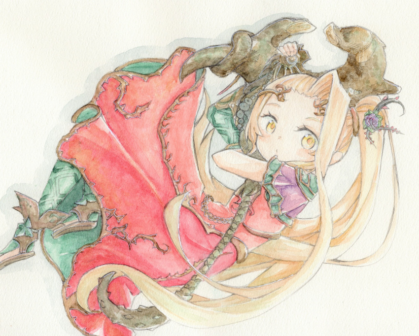 1girl 7mmnote blonde_hair dress drop_shadow flower hair_flower hair_ornament highres holding holding_staff kid_icarus kid_icarus_uprising long_hair looking_at_viewer painting_(medium) ponytail red_dress simple_background solo staff traditional_media very_long_hair viridi watercolor_(medium) white_background yellow_eyes