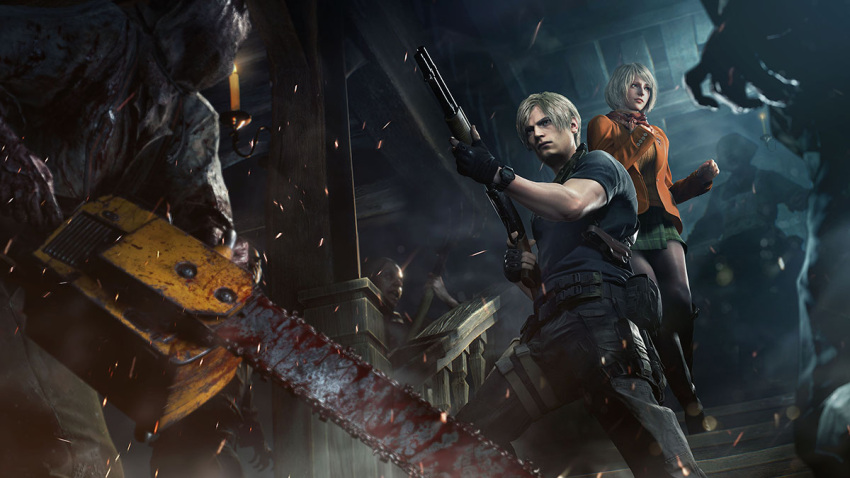 1boy 1girl ashley_graham belt black_pants black_shirt blonde_hair blood candle chainsaw fingerless_gloves gloves green_skirt gun hand_on_own_chest holding holding_weapon holster imminent_fight indoors jacket knife_holster leggings leon_s._kennedy mask muscular official_art orange_jacket orange_sleeves pants resident_evil resident_evil_4 resident_evil_4_(remake) scarf shirt short_hair shotgun skirt stairs standing surrounded v-shaped_eyebrows watch weapon wristwatch zombie